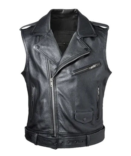 Men’s Black Leather Biker Vest – Rebel Cut Moto Style