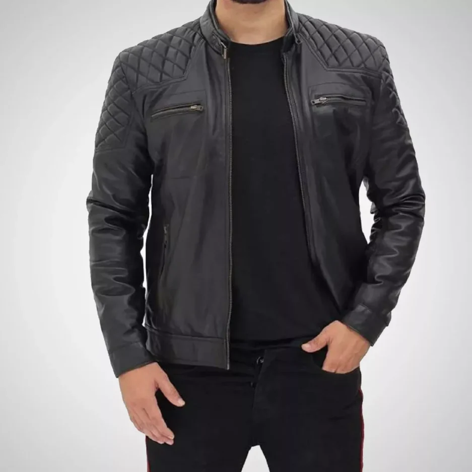 Men's Black Biker Leather Jacket with Gold Zippers