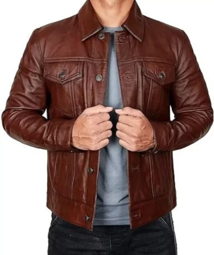 Men's Brown Leather Trucker Jacket