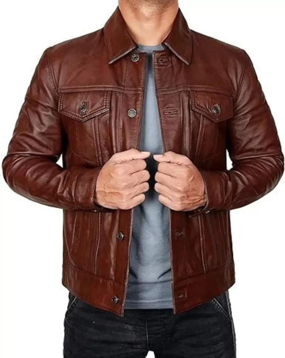 Men's Brown Leather Trucker Jacket
