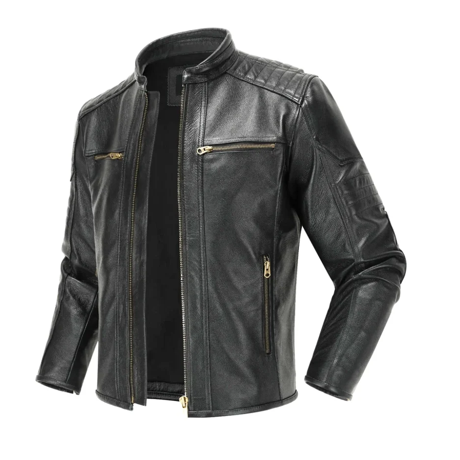 Men's Black Biker Leather Jacket with Gold Zippers
