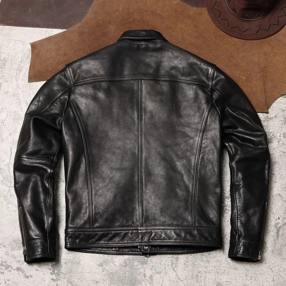 Men's Classic Black Leather Jacket with Dual Flap Chest Pockets