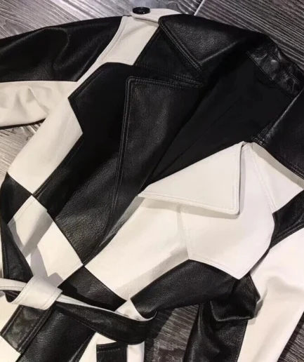 Women's Black & White Patchwork Leather Trench Coat