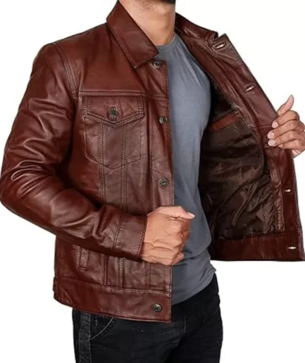 Men's Brown Leather Trucker Jacket