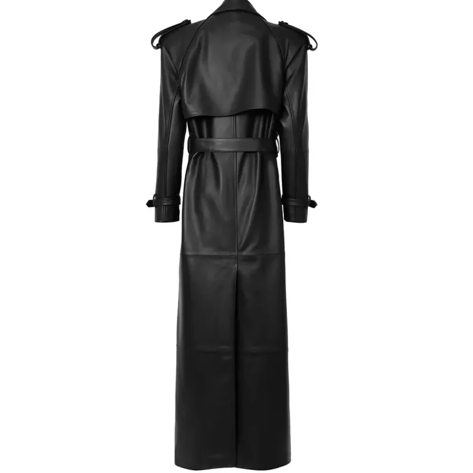 Full-Length Military-Inspired Black Leather Trench Coat for Women