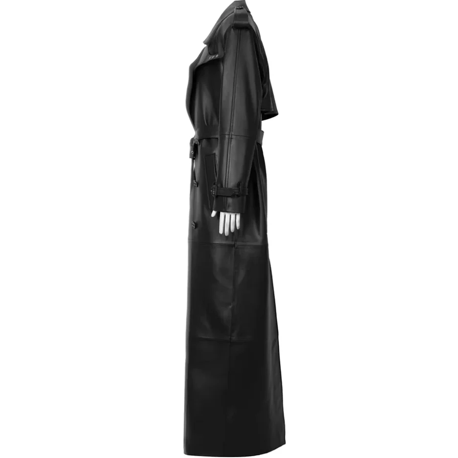 Full-Length Military-Inspired Black Leather Trench Coat for Women
