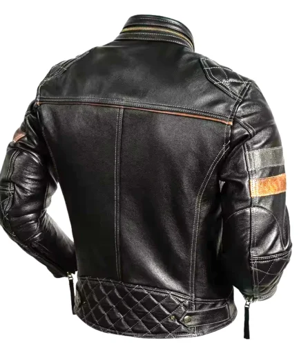 Men’s Black Leather Cafe Racer Jacket with Gold Zipper Detailing
