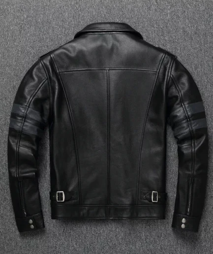 Men’s Military-Style Black Leather Jacket with Utility Flap Pockets