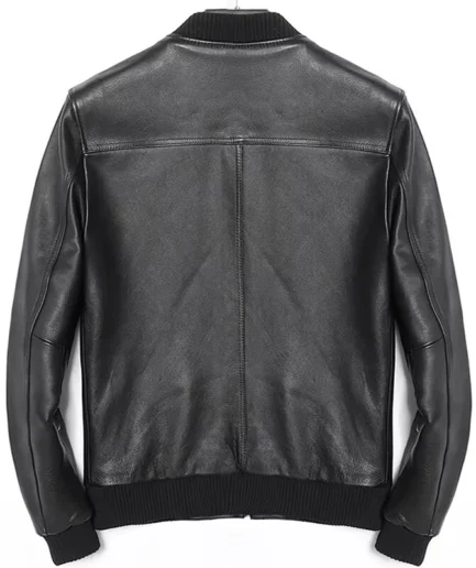 Men’s Classic Black Leather Bomber Jacket Ribbed Trim & Sleek Zip Closure