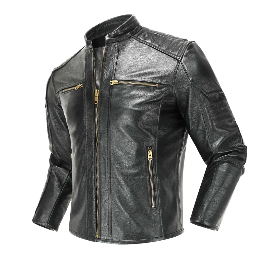 Men's Black Biker Leather Jacket with Gold Zippers
