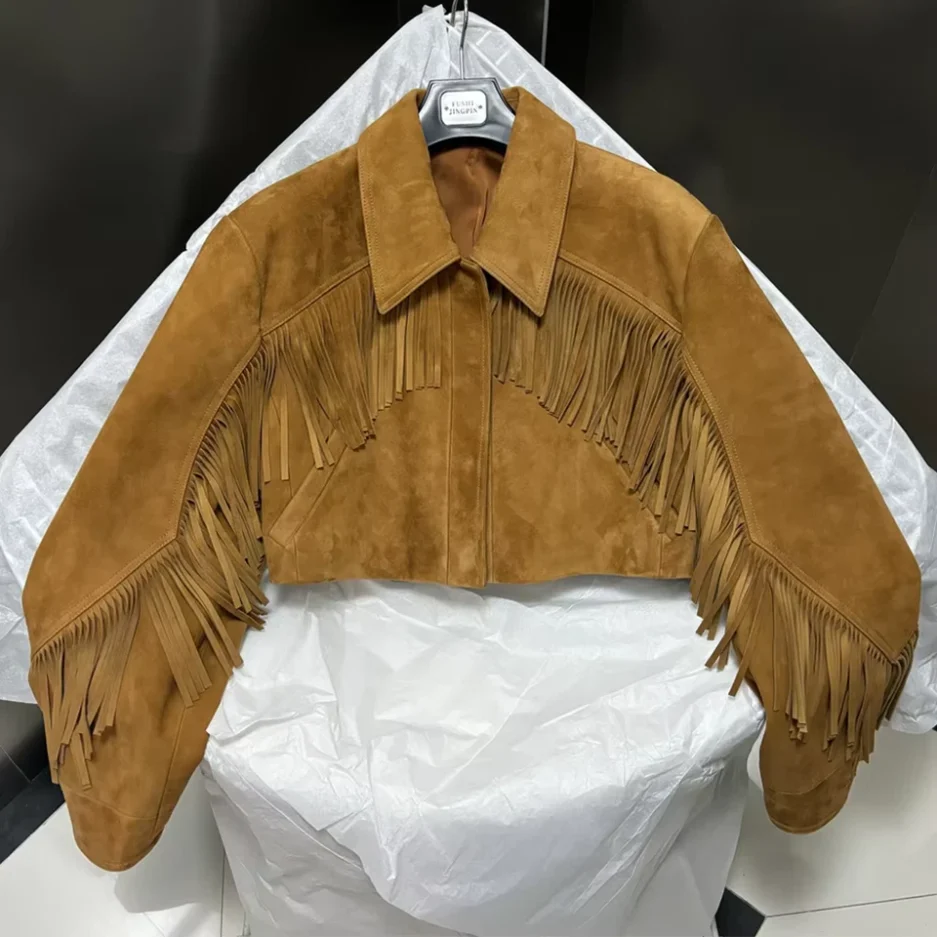 Vintage-Inspired Tan Suede Fringe Jacket for Women