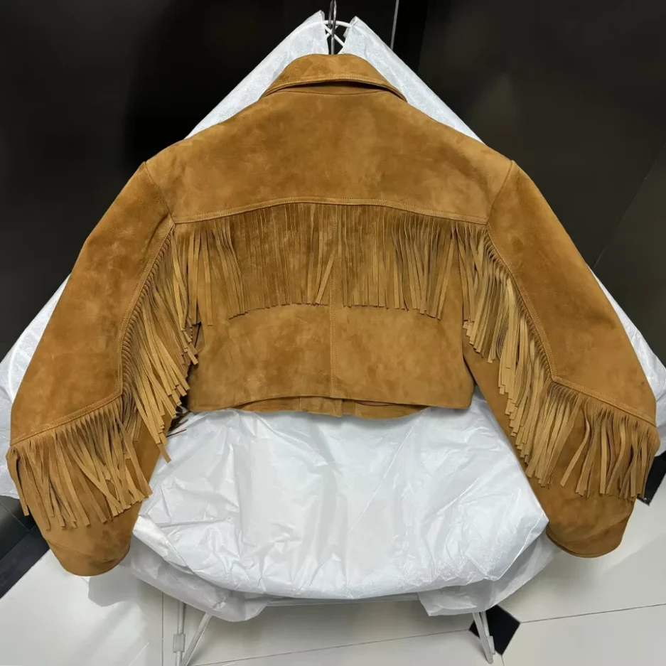 Vintage-Inspired Tan Suede Fringe Jacket for Women
