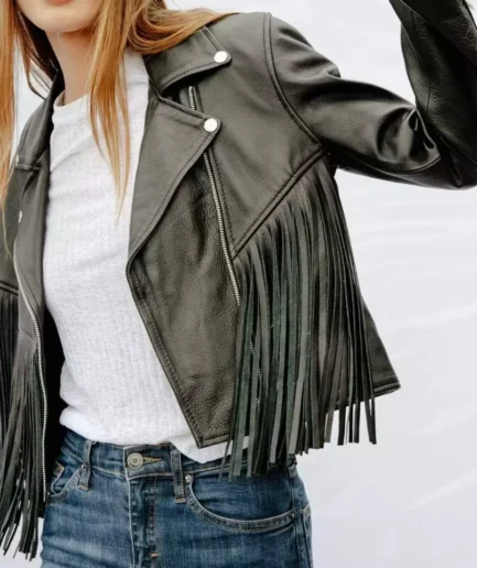 Western Fringe Black Leather Jacket for Women