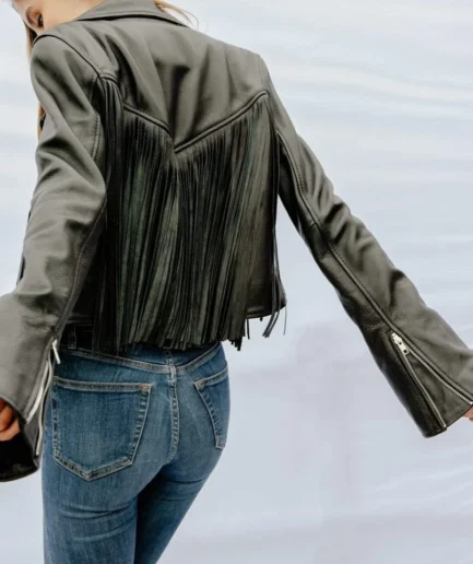 Western Fringe Black Leather Jacket for Women