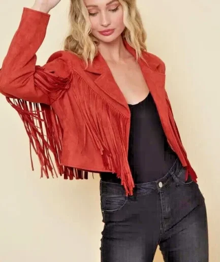 Women's Red Suede Fringe Jacket – Western-Inspired Cropped Statement
