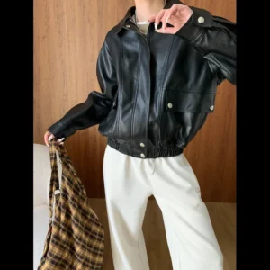 Women's Glossy Black Bomber Leather Jacket