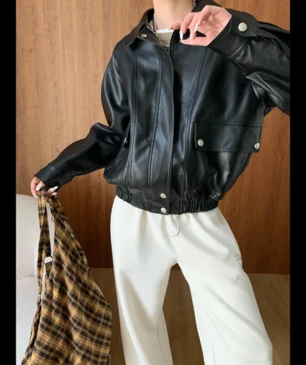 Women's Glossy Black Bomber Leather Jacket