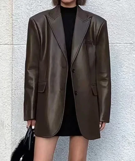 Women's Oversized Dark Brown Leather Blazer