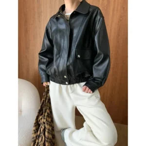 Women's Glossy Black Bomber Leather Jacket
