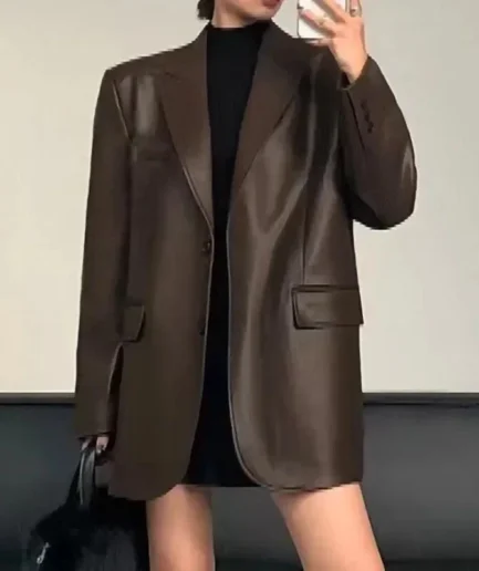 Women's Oversized Dark Brown Leather Blazer