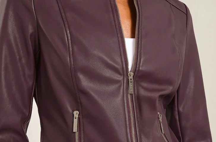 Women’s Dark Cherry Red Collarless Genuine Leather Jacket