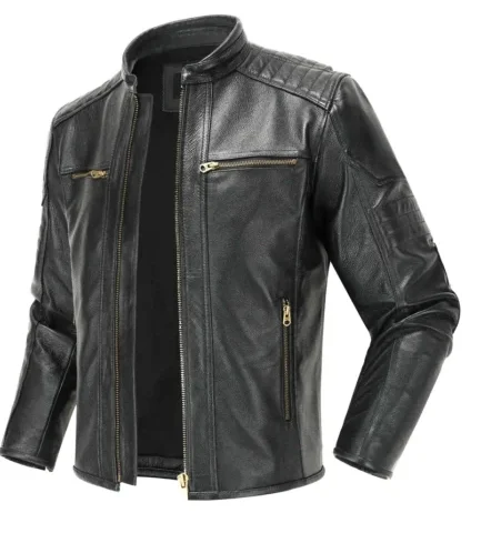 Men’s Black Biker Leather Jacket with Gold Zippers